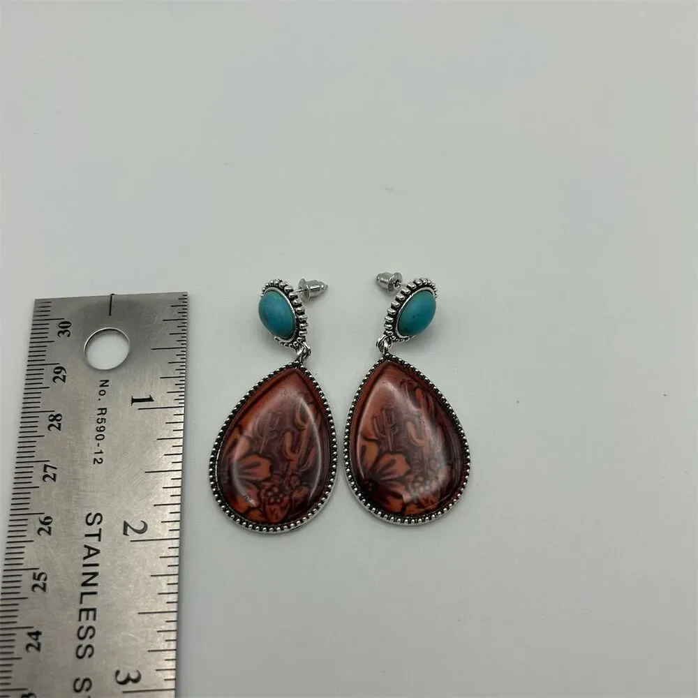 Southwestern Cactus Floral & Faux Turquoise Stud Teardrop Dangle Earrings